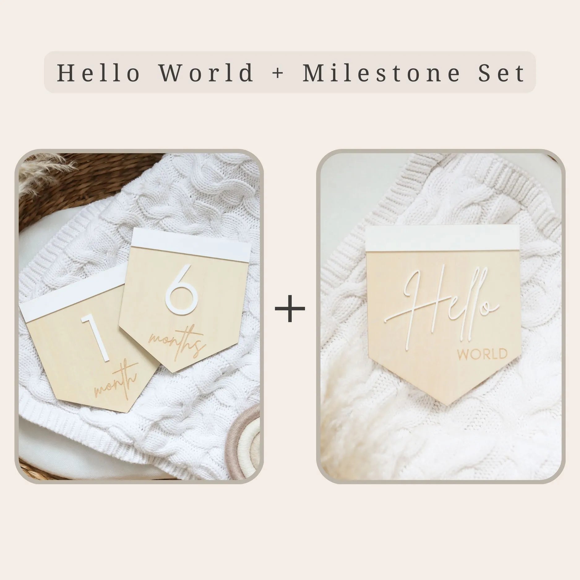 a couple of wooden tags sitting on top of a white blanket