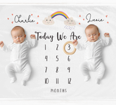 a baby is laying on a calendar with a rainbow