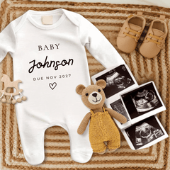 Custom Baby Announcement Bodysuit with Baby Surname and Due Date - Baby Pandas
