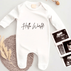 Hello World Newborn Announcement Baby Grow - Baby Pandas