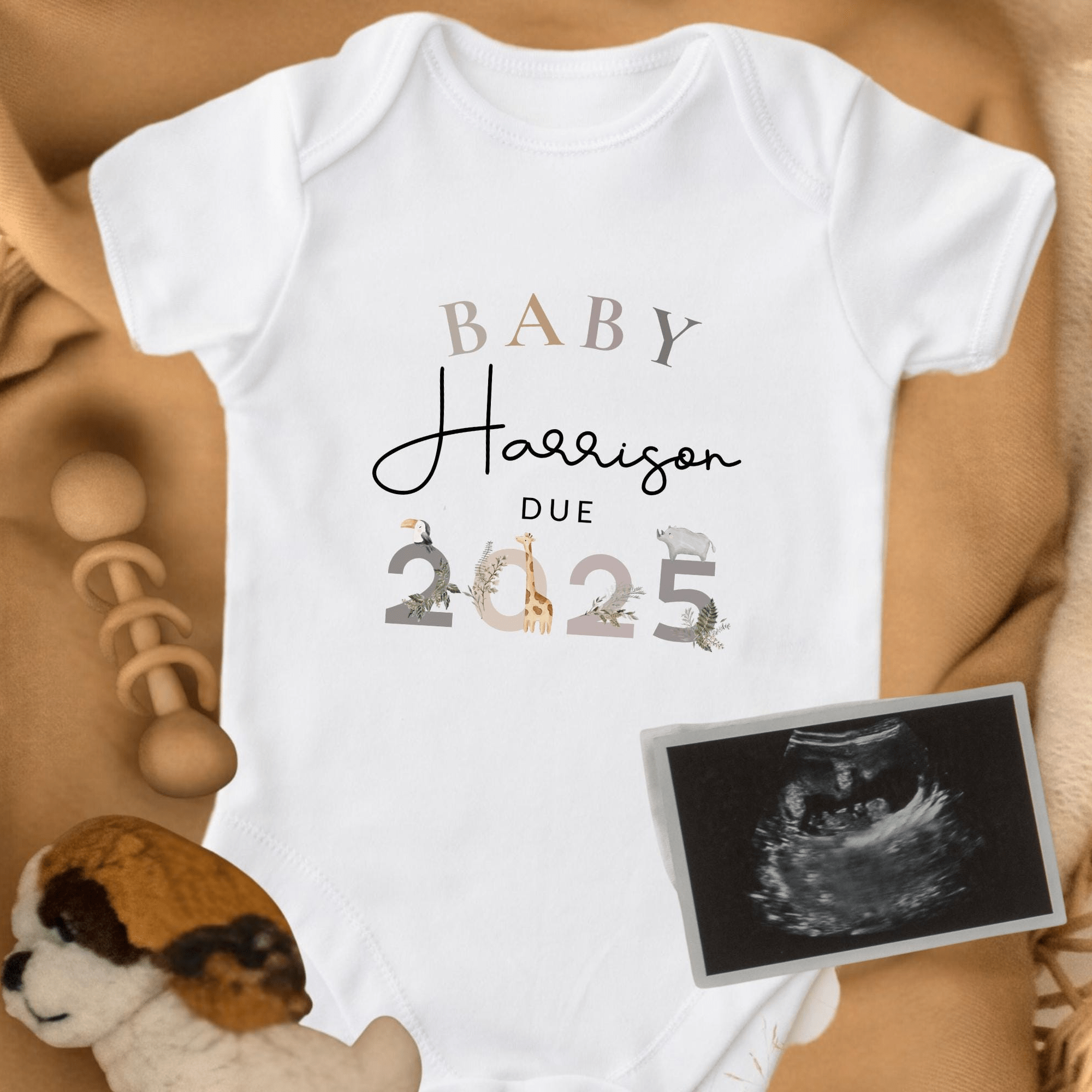 Personalised Safari Themed Baby Bodysuit for Pregnancy Announcement - Baby Pandas
