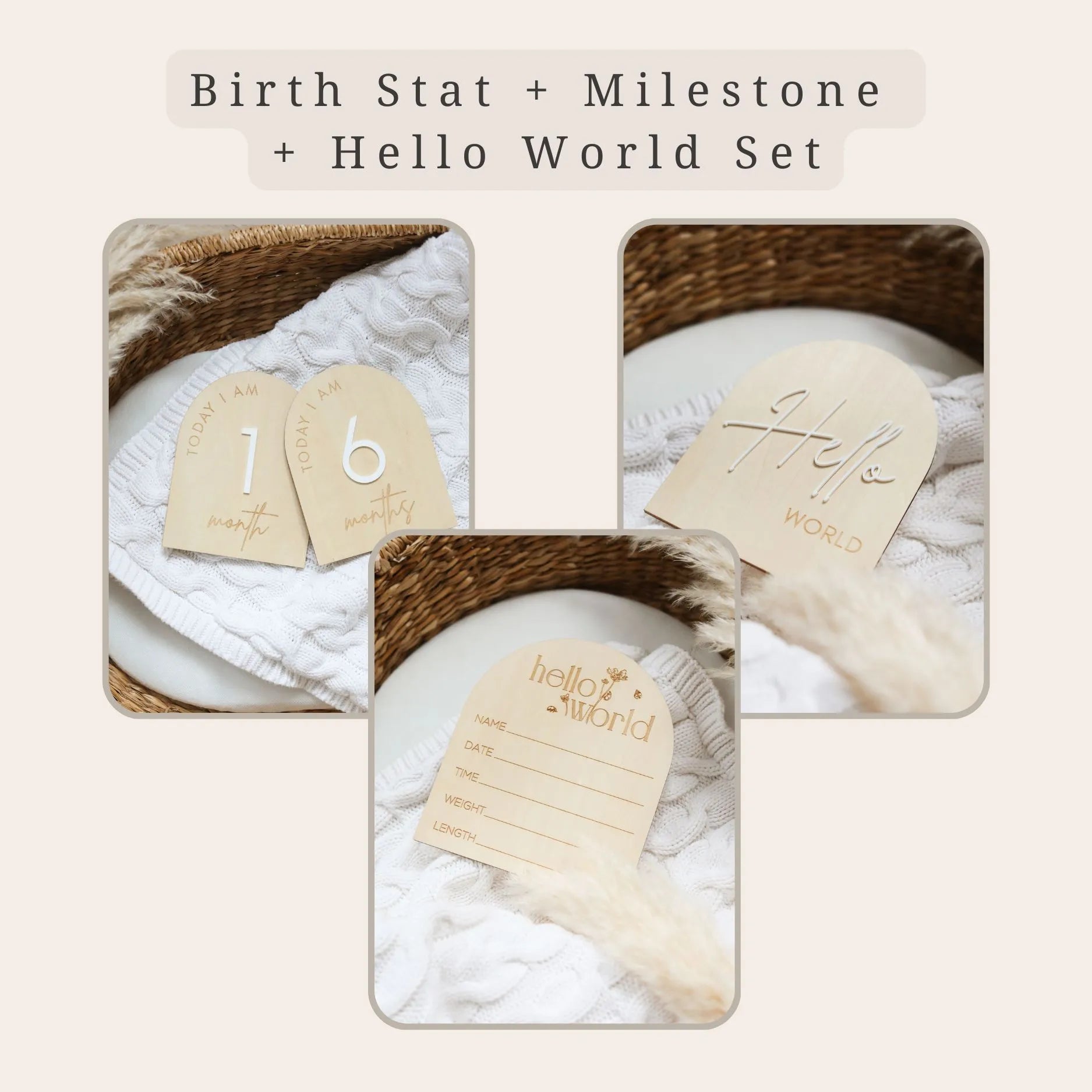 a set of three wooden tags on a white plate