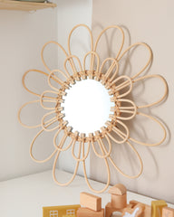 a mirror that is on a wall above a table