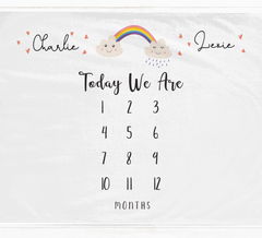 a calendar with a rainbow and clouds on it