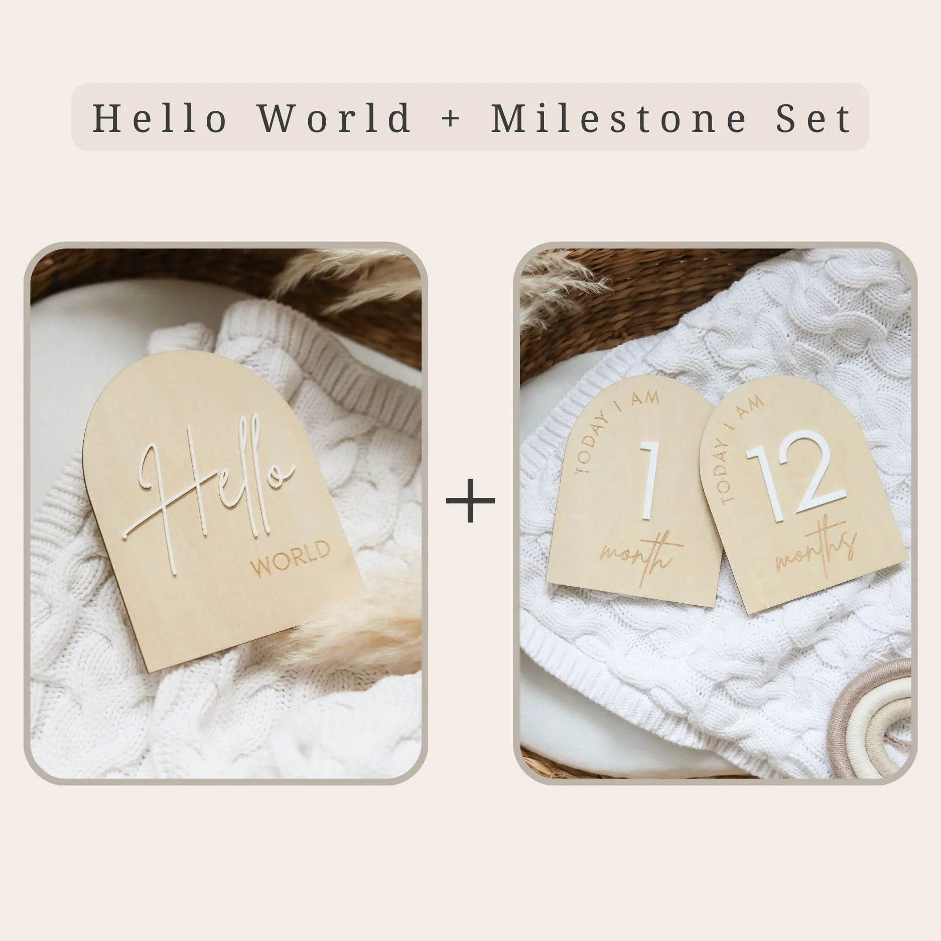 a couple of wooden tags sitting on top of a white blanket